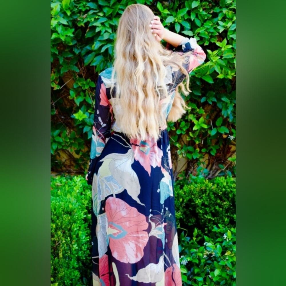 Anthropologie Aakaa Formal Maxi Dress Sz Small BLACK PINK Floral Wedding Elegant - Picture 10 of 15